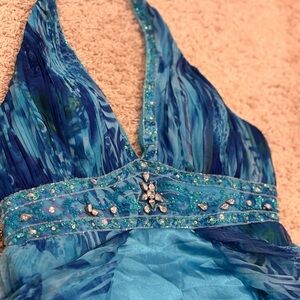 Elegant Blue Halter Dress with Embellished Waist